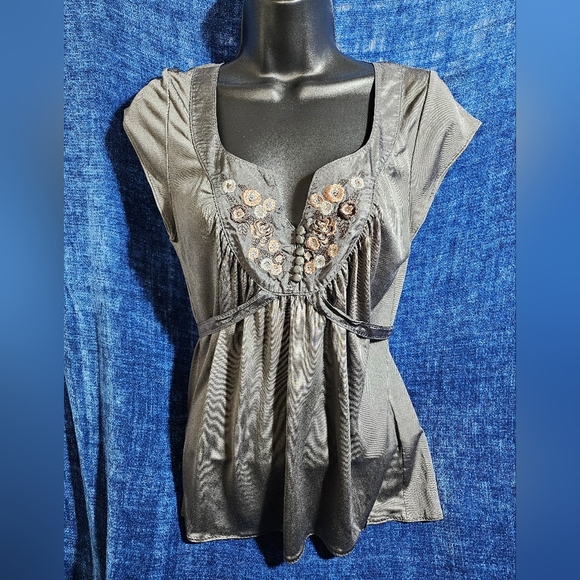 Y2K Ted Baker Silk Gray Embroidered Floral Tie Back Blouse Small - Picture 3 of 10